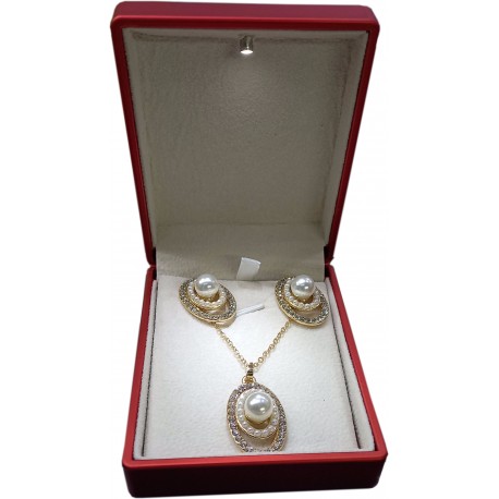 Gold Earring & Chain Set with Silver Ringstones & White Pearls