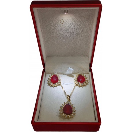 Gold Chain & Earring Set with Red Stone