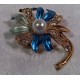 Gold Brooch with Blue Green Petals, Rhinestone and Pearl