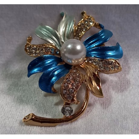 Gold Brooch with Blue Green Petals, Rhinestone and Pearl