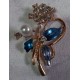Gold Brooch with Rhinestones Flower, Blue Petals and Pearl