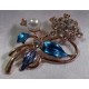 Gold Brooch with Rhinestones Flower, Blue Petals and Pearl