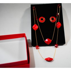 Two Piece Red and Gold Long Necklace and Earrings Set