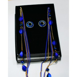 Elegant Five-Piece Long Necklace and Earrings Jewelry Set – Blue & Gold