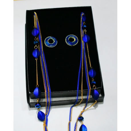 Five Piece Long Necklace and Jewelry Set - Blue and Gold