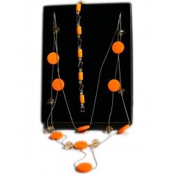 3 Piece Silver and Orange Layered Necklace and Earrings Set