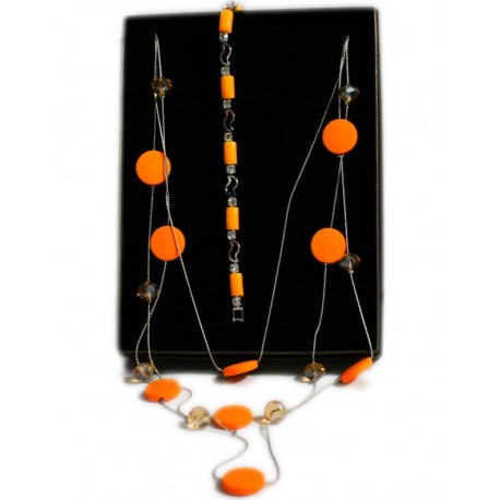 3 Piece Silver and Orange Layered Necklace and Earrings Set