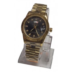 Gold Ladies Stainless Steel Rolex Watch - Gold with Black Face